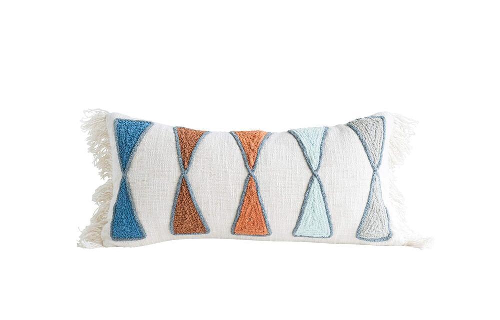 8007 Multicolor Rectangle Cotton Pillow with Embroidery & Fringe